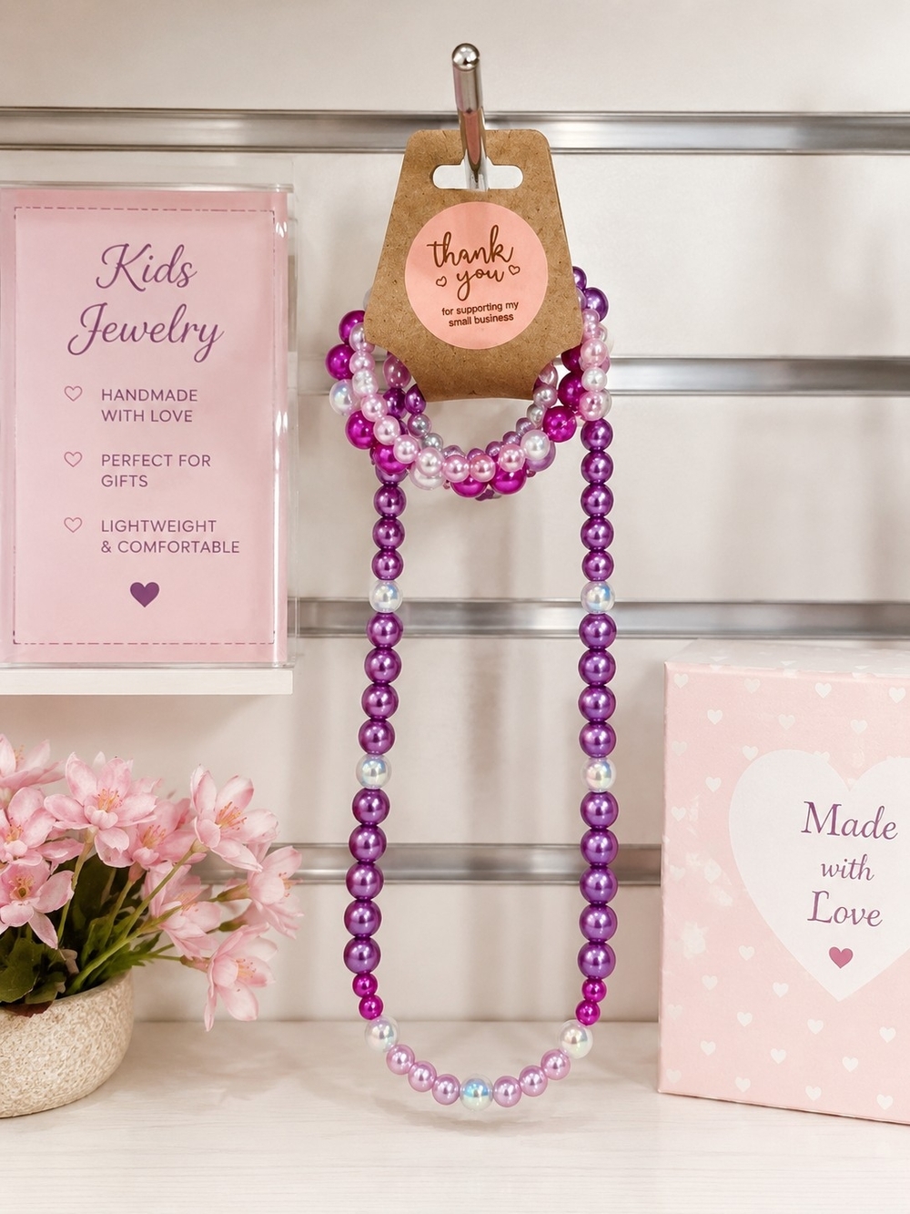 Handmade Kids Pink & Purple Beaded Jewelry Set | Necklace & 2 Bracelets | Child